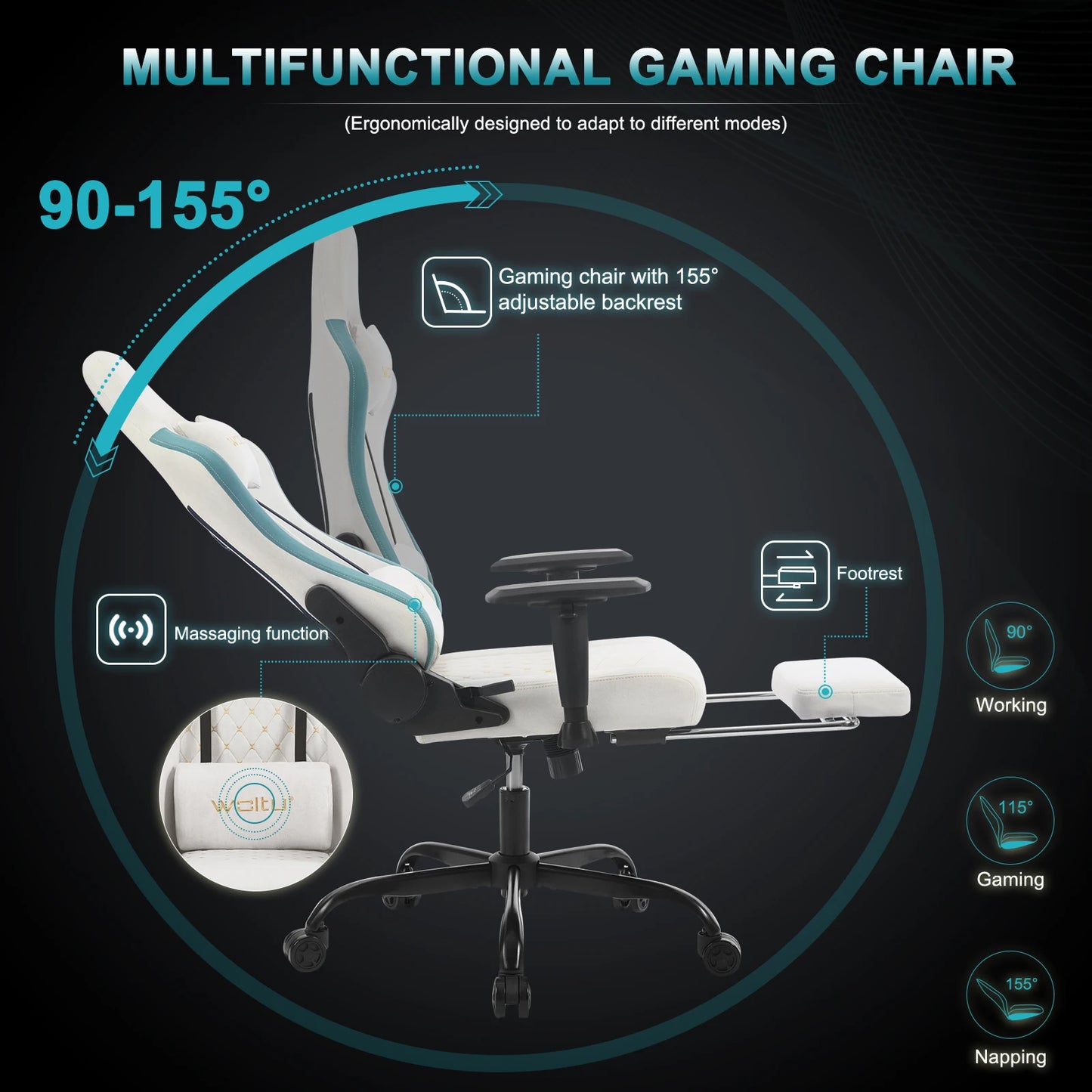 WOLTU Drehbarer Massage-Computer-Gaming-Stuhl, ergonomischer Racing-Gamer-Bürostuhl mit Rollen, Kopfstütze, Fußstütze, Lendenkissen