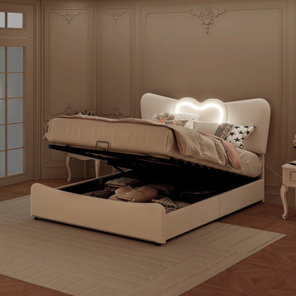 Doppelbett 140x200, LED Stauraumbett mit Lattenrost, Hydraulisch Polsterbett aus Kopfteil Höhenverstellbar, Herzform Kopfteil