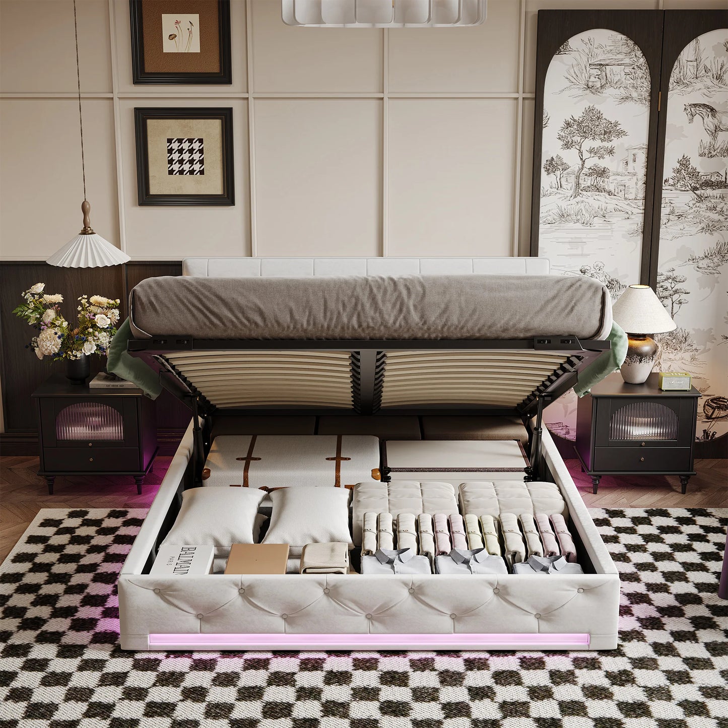 Rosahqnda upholstered bed, double size, with LED lights, storage bed with hydraulic lift box, adjustable headboard height, linen