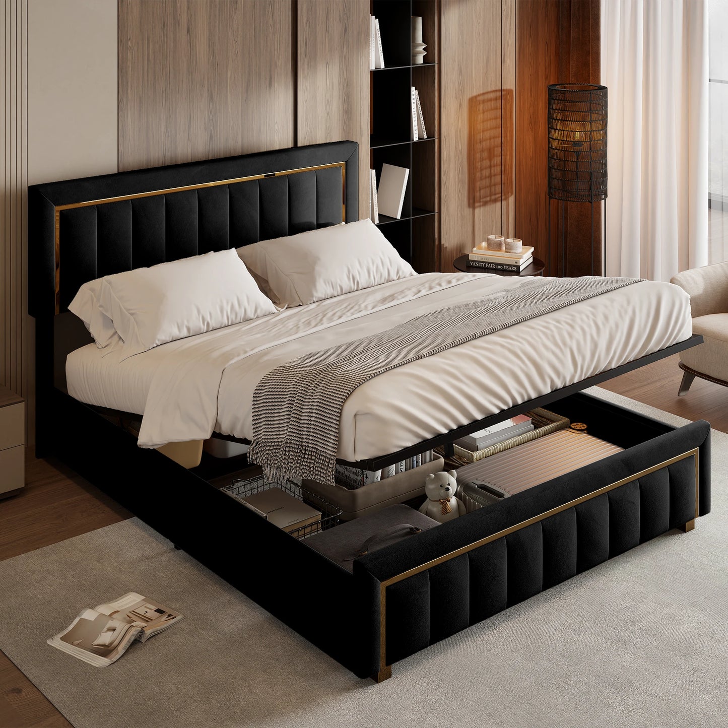 Rosahqnda Gepolstertes Plattformbett mit hydraulischem Stauraumsystem, Doppelbettrahmen, modernes Boxspringbett, ohne Matratze