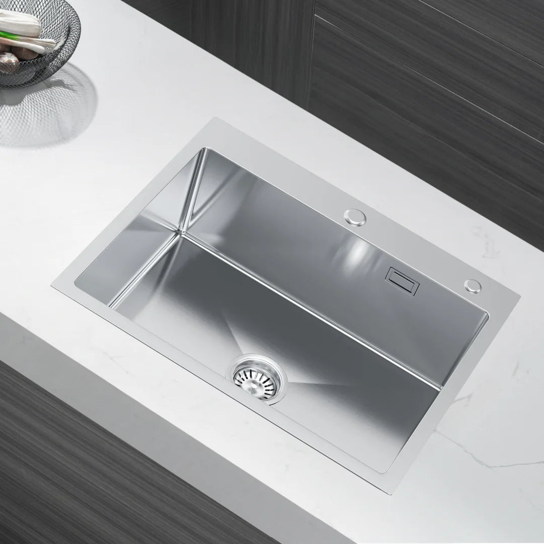 Silberne Edelstahlspüle aus Edelstahl von Inox, 60 x 50 cm – Einzelschüssel mit Wasserhahnloch und Abflussrohr, X-förmiger schneller Abfluss für moderne Küchen