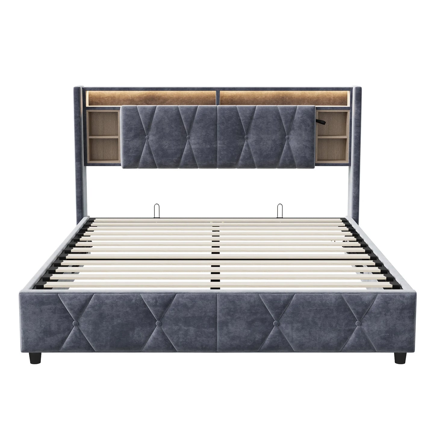 Rosahqnda Doppelbett， mit USB und LED, Polsterbett mit Stauraum und Kopfteil, Bettrahmen mit Holzlattenrost, Samt，grau