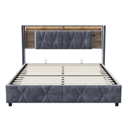 Rosahqnda Doppelbett， mit USB und LED, Polsterbett mit Stauraum und Kopfteil, Bettrahmen mit Holzlattenrost, Samt，grau