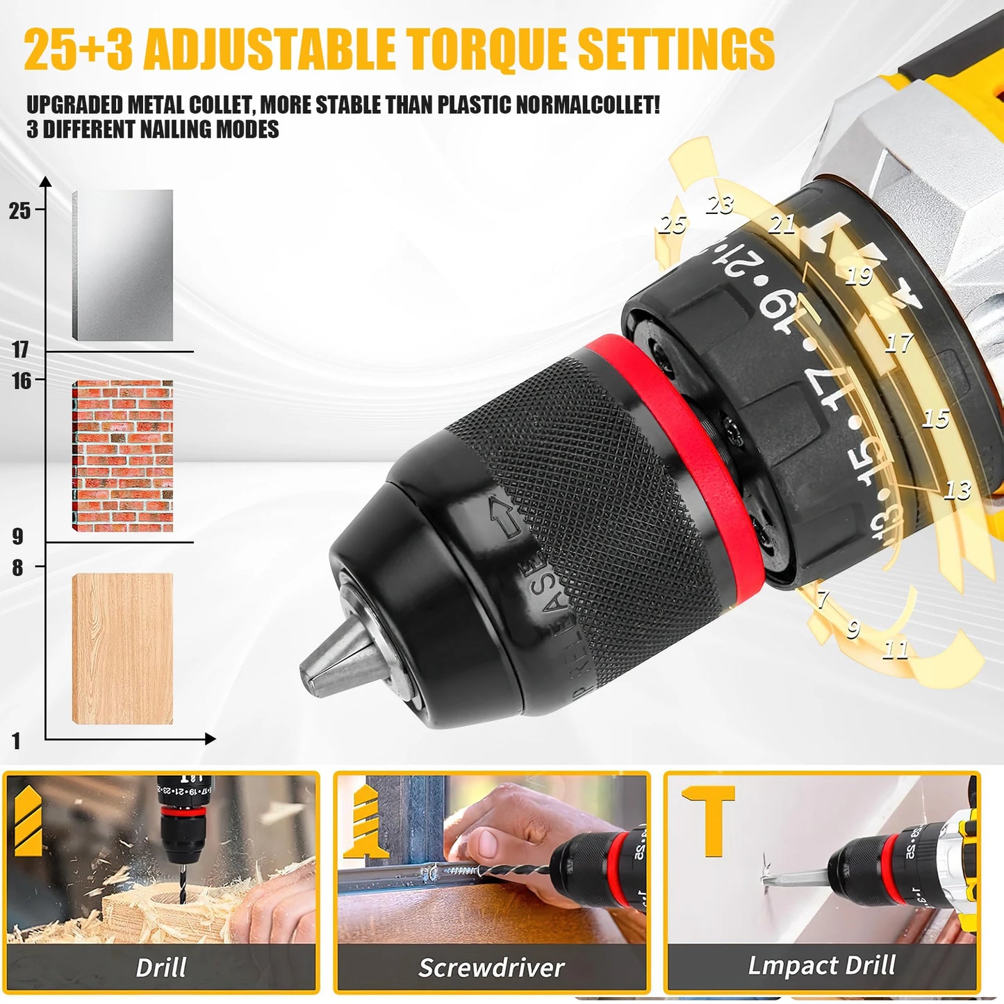 21V45Nm Akku-Bohrschrauber-Set, 120 Stück, mit Schlagschrauber, Metall-Schlüsselloses Bohrfutter, 3828 Positionskupplung für DIY-Profi-Werkzeugsatz