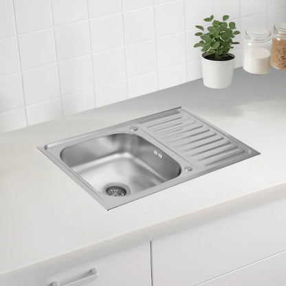 80 x 50 cm große Küchenspüle aus Edelstahl, Einzelschüssel mit Wasserhahnloch und Abtropffläche, Silber, linke/rechte Option