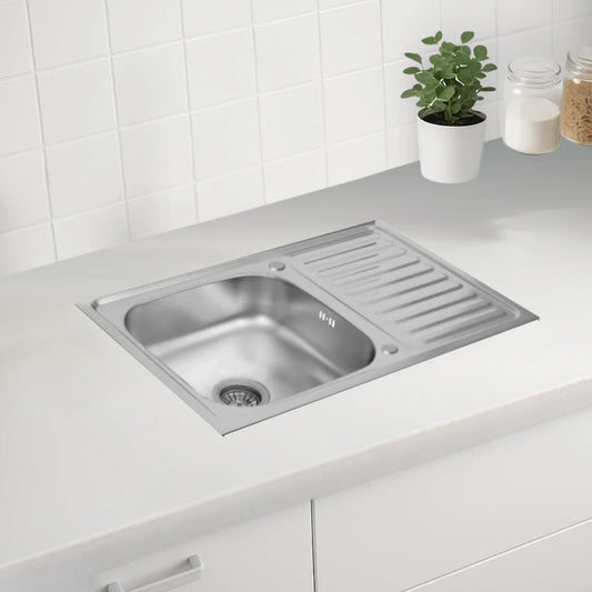 80 x 50 cm große Küchenspüle aus Edelstahl, Einzelschüssel mit Wasserhahnloch und Abtropffläche, Silber, linke/rechte Option