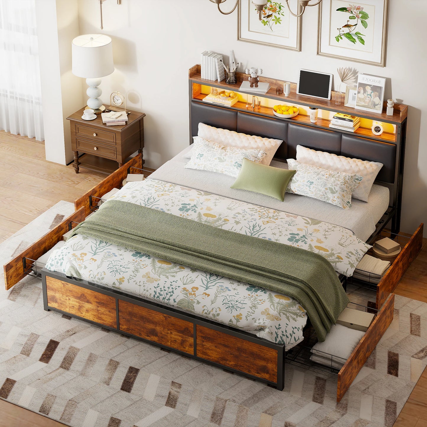 Comanlai Polsterbett, 180 x 200 cm, Eisenrahmen, Doppelbett mit LED-Leuchten und 4 Schubladen, gepolstertes Bett mit Lattenrost