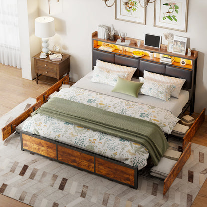 Comanlai Polsterbett, 180 x 200 cm, Eisenrahmen, Doppelbett mit LED-Leuchten und 4 Schubladen, gepolstertes Bett mit Lattenrost