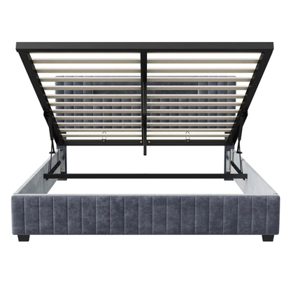 Rosahqnda hydraulisches Doppelbettgestell 140–160 x 200 cm mit LED, USB und großem Stauraum, gepolstertes Gästebett, Teenager-Wohnbett, Samt