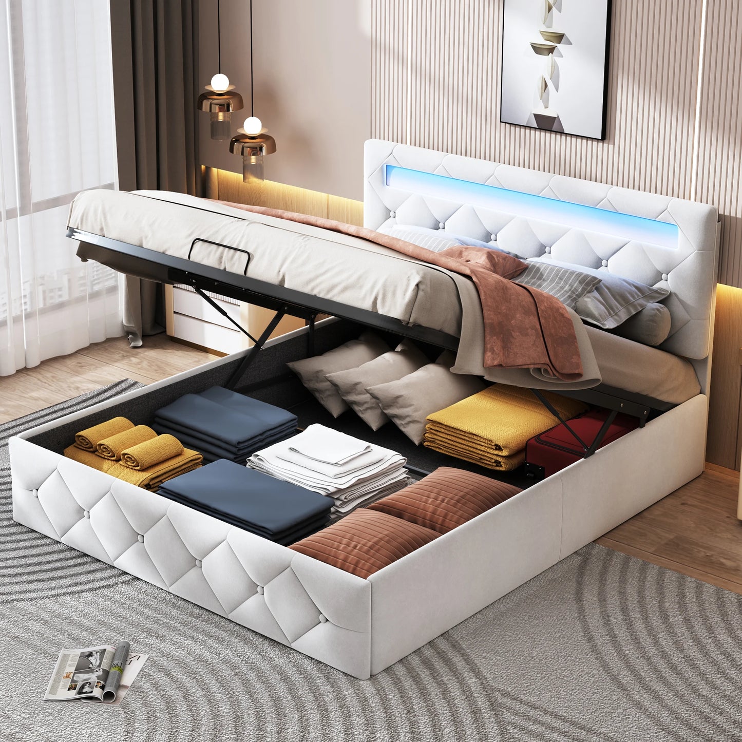 Rosahqnda Modernes weißes Polsterbett,hydraulisches Bett mit großem Stauraum, elegantes Doppelbett,Samtstoff, ohne Matratze