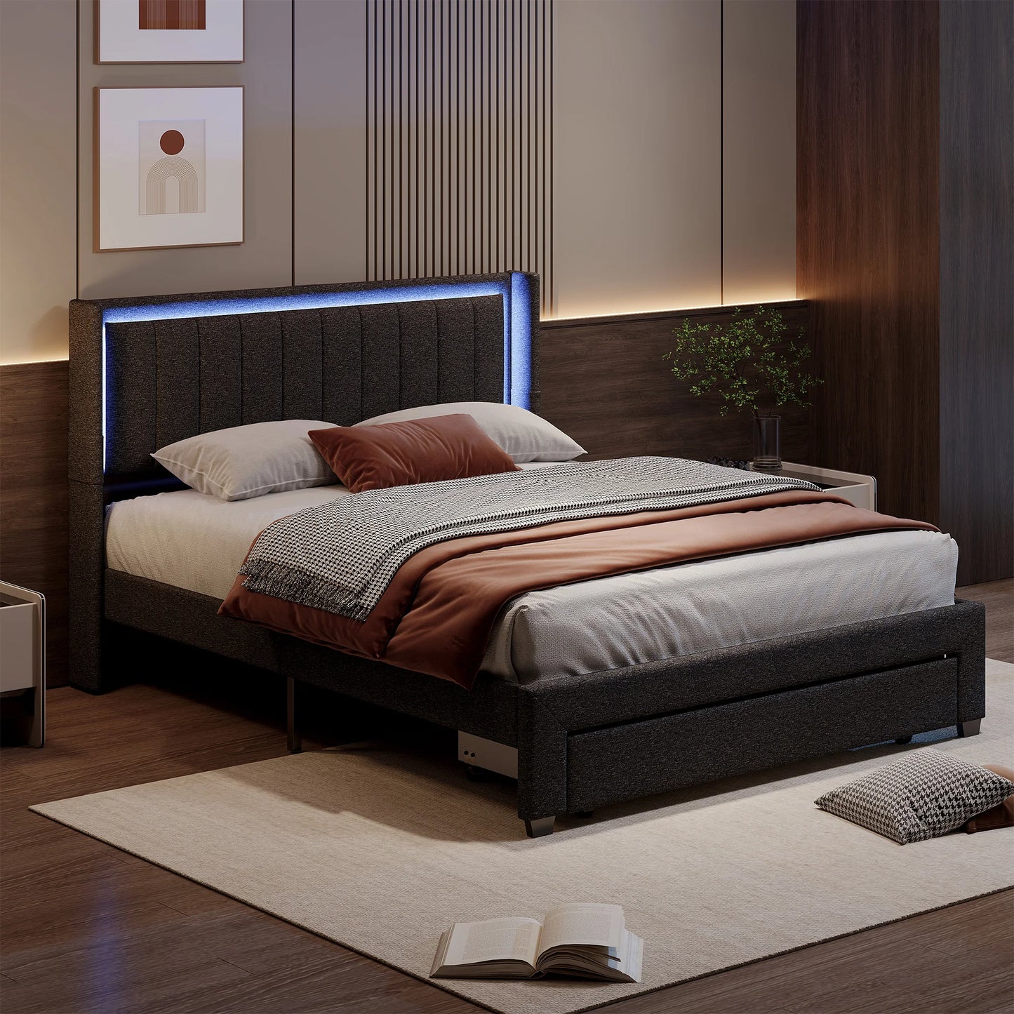 Rosahqnda Gepolsterter Bettrahmen mit LED, USB, Schubladen, Leinen Plattformbett 140-160-180×200cm,Jugendwohnungsbett,Gästebett