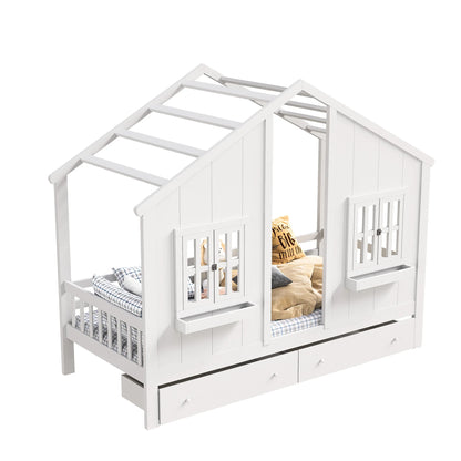 Roshanda Kinderbett, 90 x 200 cm, Hausbett, Einzelbett, mit Tafel/Bücherregal/Schublade, Kiefer, Weiß