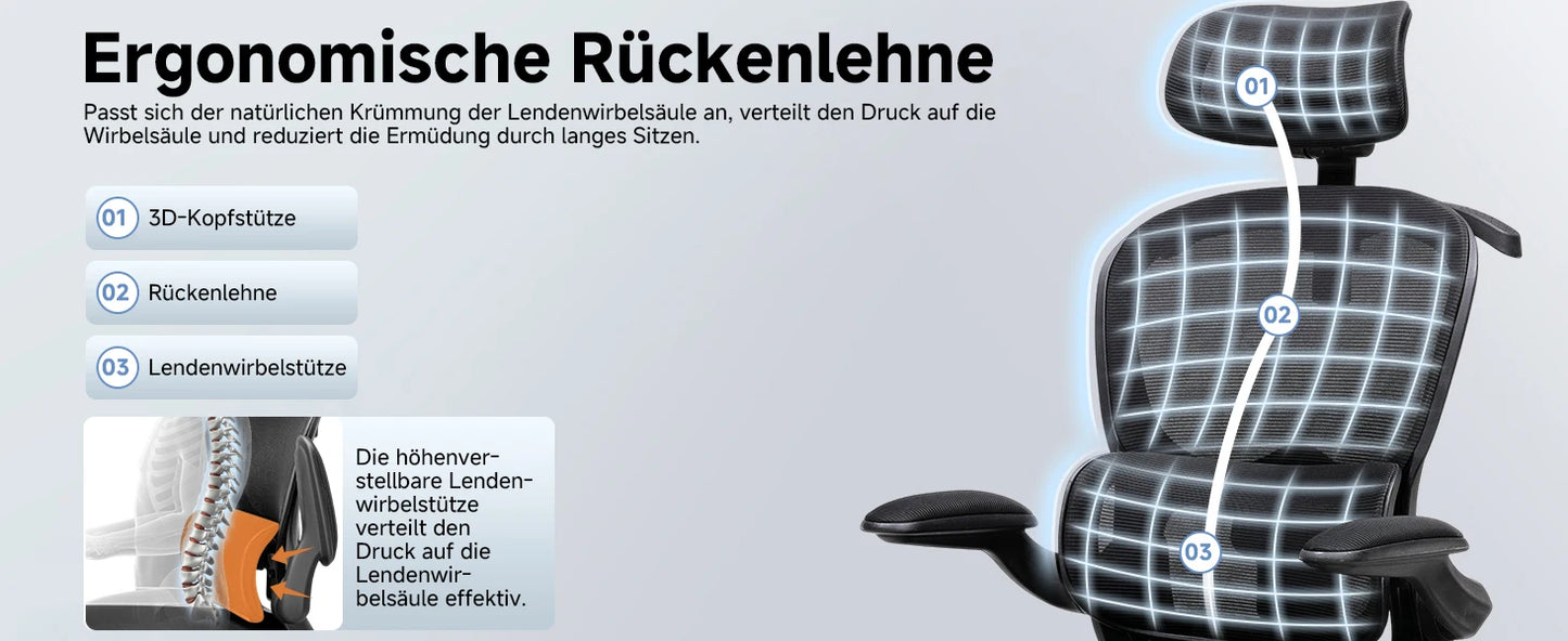 COMHOMA Bürostuhl Ergonomisch, Schreibtischstuhl mit 3D Kopfstütze und Lendenwirbelstütze, Integriertes Kleiderhaken-Design