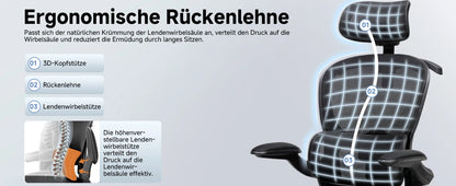COMHOMA Bürostuhl Ergonomisch, Schreibtischstuhl mit 3D Kopfstütze und Lendenwirbelstütze, Integriertes Kleiderhaken-Design