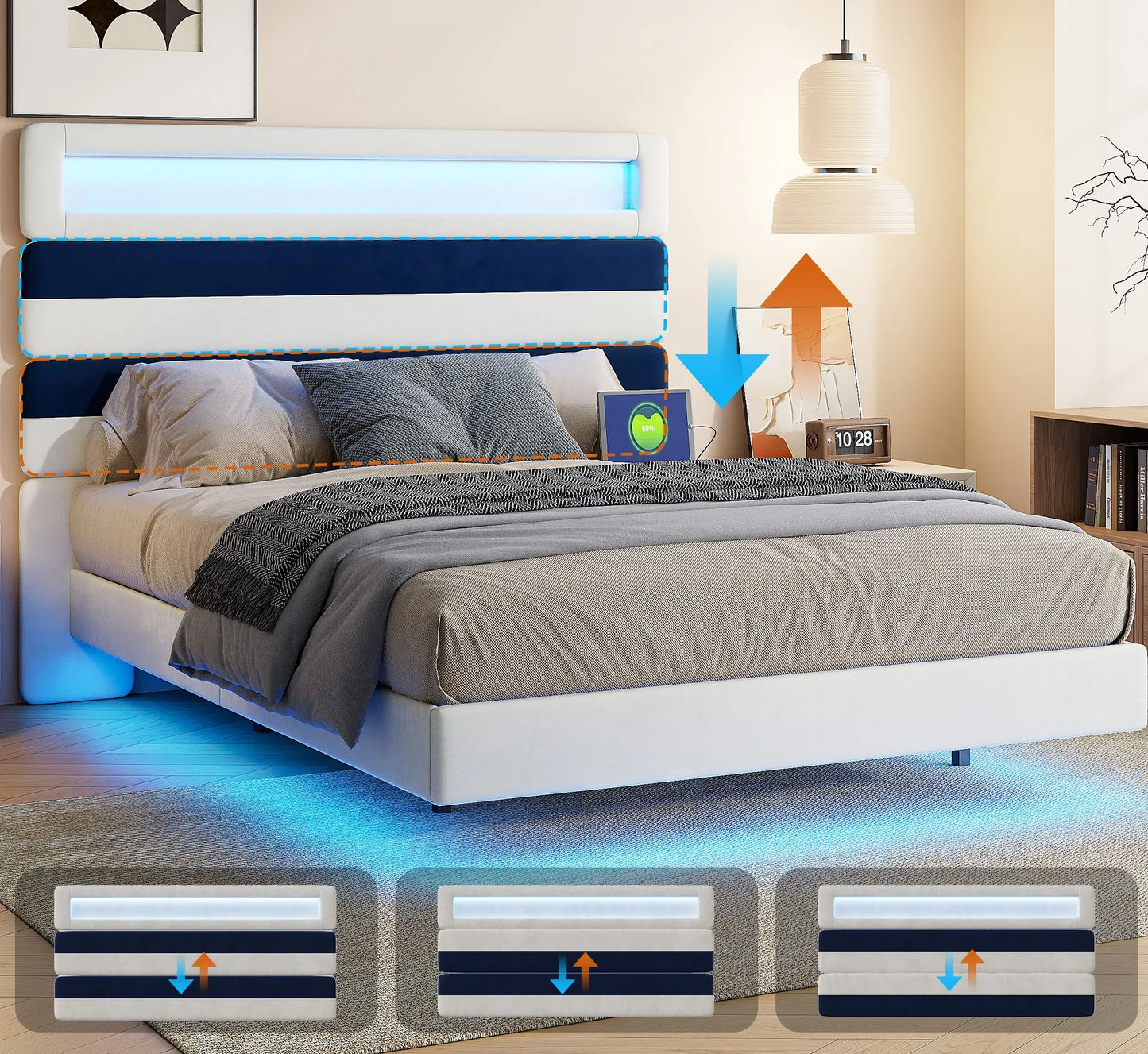 Rosahqnda Schwebebett 140*190cm Doppelbett Rahmen 160*200cm mit LED&USB Polsterbett Erwachsenenwohnung Jugendbett Samt