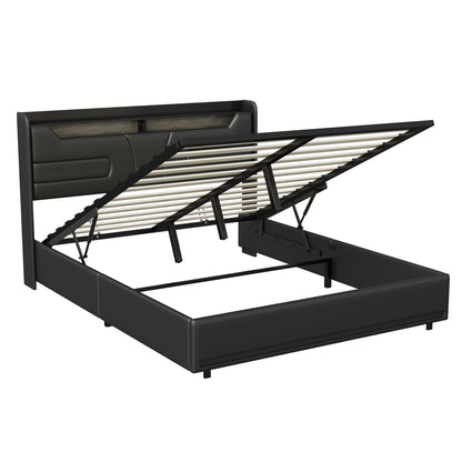 Gepolstertes Doppelbett 160 x 200 cm, hydraulisches Bett mit Stauraum und LED-Licht, Bett mit Kopfteil und Lattenrost, Bettrahme