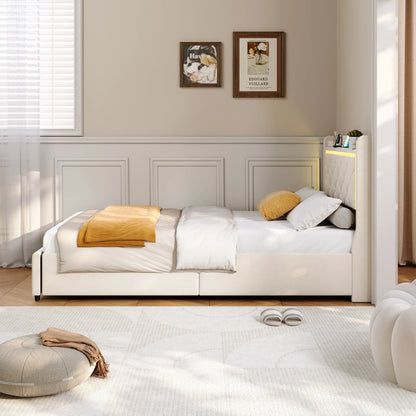 Rosahqnda Polster-Einzelbett 90 x 200 cm mit LED, Jugendbett mit USB/Typ-C, Bettkasten, Holzrahmen, Flanell (ohne Matratze)