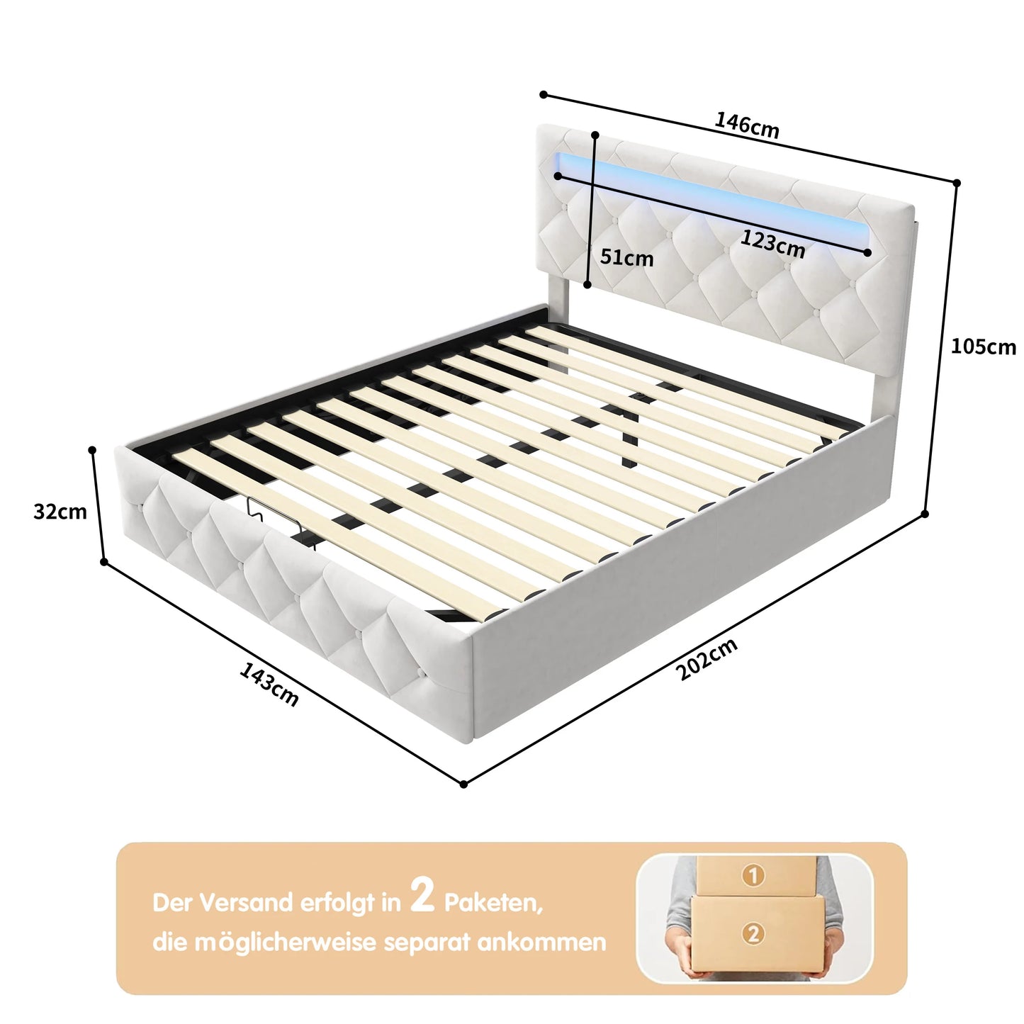 Rosahqnda Modernes weißes Polsterbett,hydraulisches Bett mit großem Stauraum, elegantes Doppelbett,Samtstoff, ohne Matratze