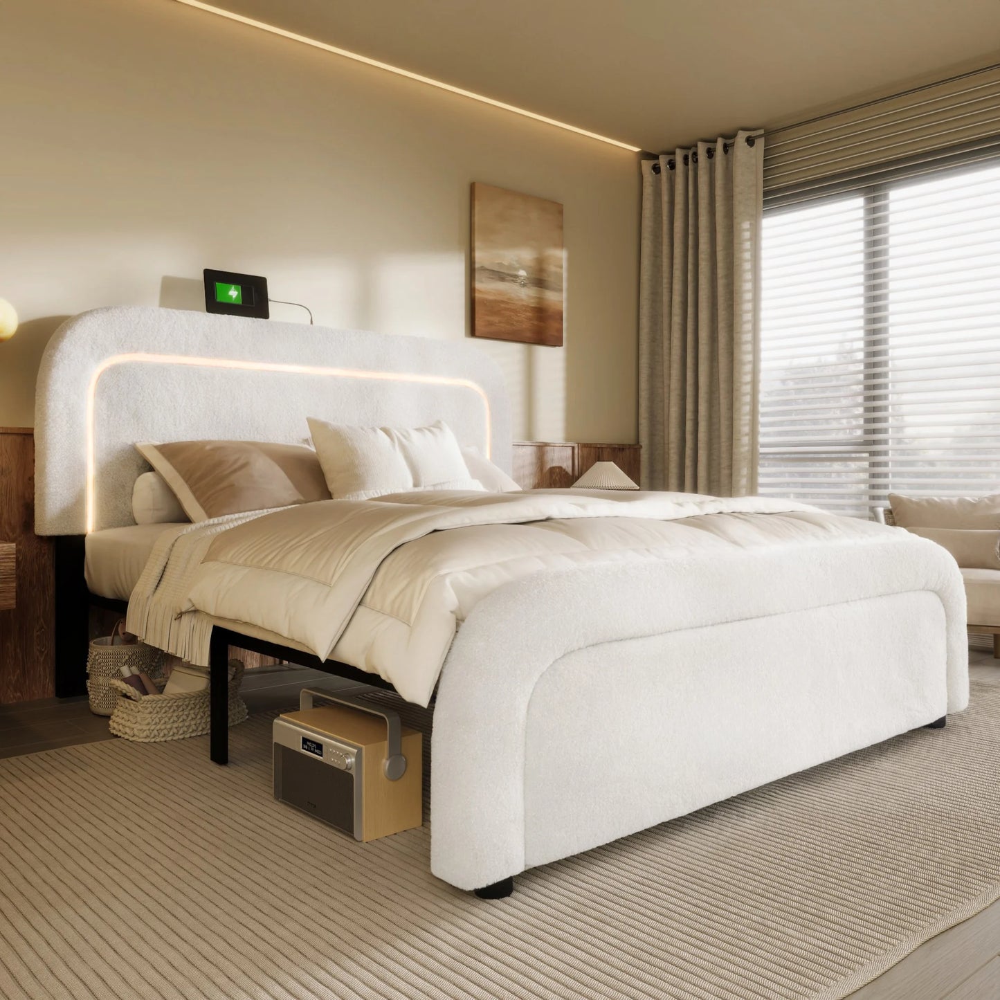 Polsterbett Doppelbett mit USB-Ladeanschluss,LED-Beleuchtung, Funktionelles bett mit Höhenverstellbarem Kopfteil(Ohne Matratze)