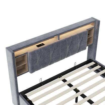 UrbanLuxe Bettgestell 140x200 cm mit LED-Lichtleiste und Dual-USB-Ladeanschluss, Bett mit Stauraum, Lattenrost, Samt, grau