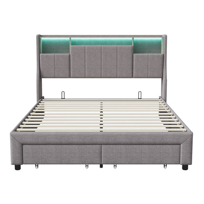 Rosahqnda gepolstertes Doppelbett 140x200cm mit LED-Beleuchtung,Doppelbett mit 2 Schubladen,hydraulischem Stauraum,ohne Matratze