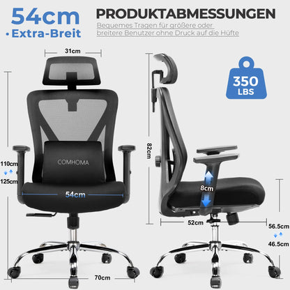 COMHOMA Bürostuhl Ergonomisch，Schreibtischstuhl mit 3D-Kopfstütze & 3D-Lendenwirbelstütze, verstellbare Armlehnen, Office Chair