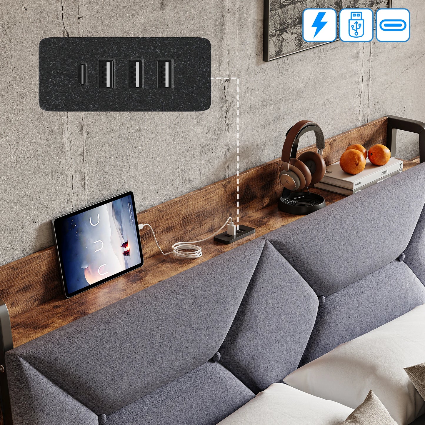 Bett 160 x 200 mit USB, Doppelbett mit 4 Schubladen, Kopfteil mit ausziehbarem Stauraum, Erwachsenenbett mit Lattenrost aus Holz