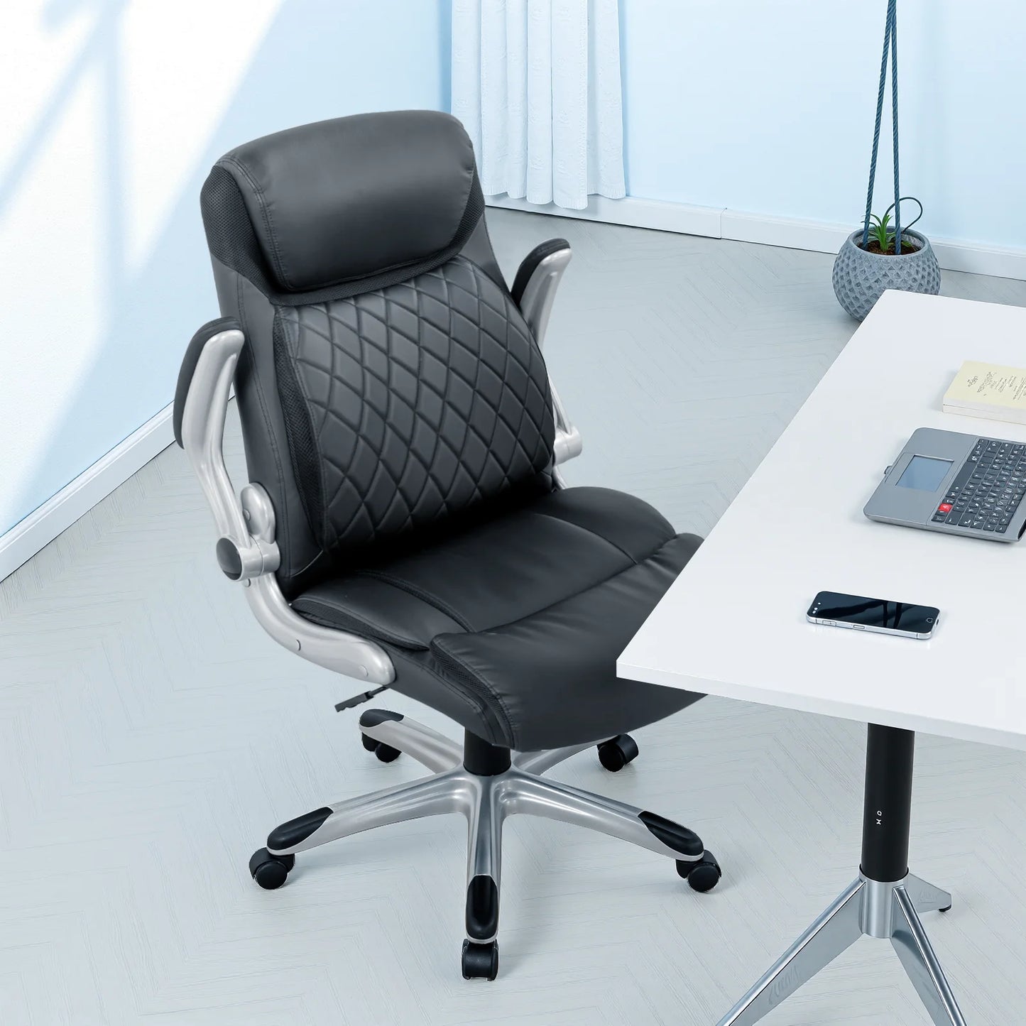 COMHOMA Bürostuhl Ergonomisch, Schreibtischstuhl mit klappbaren Armlehnenmit und Hoher Rückenlehne, Kratzfeste Leder