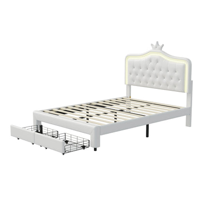 Rosahqnda Kinderbett Kronenform 90/140 x 200 cm, LED und Schubladen, höhenverstellbares Kopfteil, PU, Rosa/Weiß