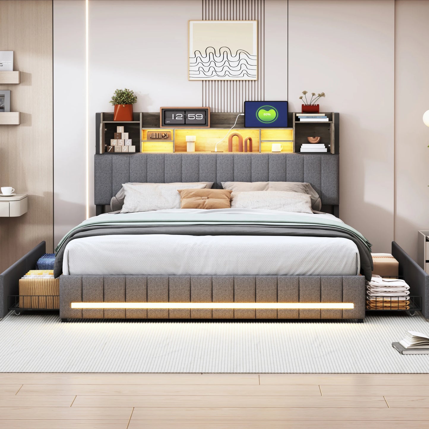 Rosahqnda gepolstertes Doppelbett mit LED-Kopfteil und USB-Anschluss, Stauraumbett mit 4 Schubladen, Leinen, ohne Matratze