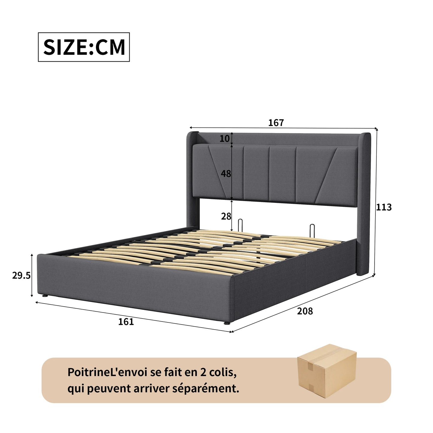 Doppelbett mit LED-Beleuchtung und 2 USB-Lademöglichkeiten, Hydraulisches Bett 140x200cm,Polsterbett mit Lattenrost, Leinenstoff