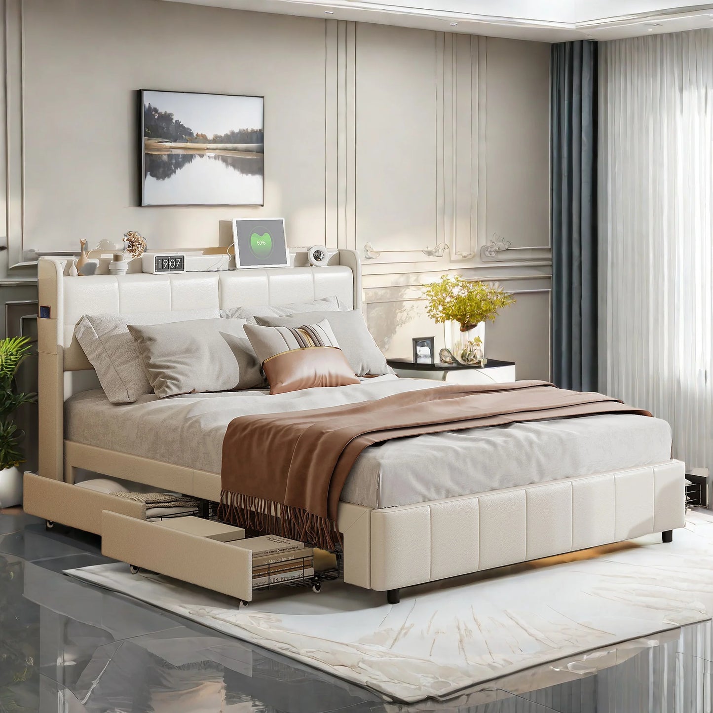 WoodenAura Doppeltes Polsterbett 140x200CM mit 4 Schubladen für die Lagerung, Rückenlehne mit Lagerung und Lattenrost, PU-Leder