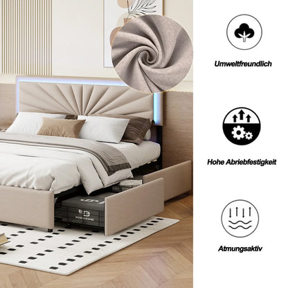 Polsterbett Doppelbett160x200cm mit LED-Beleuchtung,Stauraumbett mit 4 Schubladen,Bett mit Kopftei und Holzgestell,Leinen, Beige