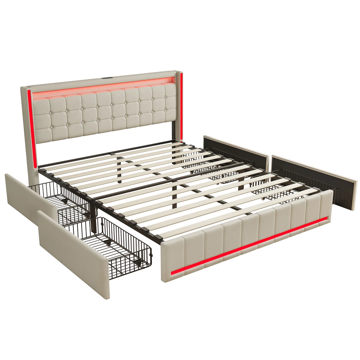 Rosahqnda Modern Double Bed with Drawers,Sockets,Led,Solid Metal,Headboard and Bed Frame with Storage,Teen Bed,Linen,Dark Grey