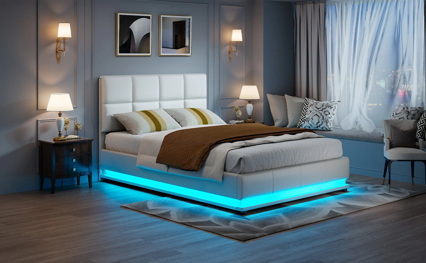 Rosahqnda Hydraulischer Doppelbettrahmen 140*190cm mit LED, Verstellbares Kopfteil, Stauraumbett 140*200cm, Polsterbett, PU