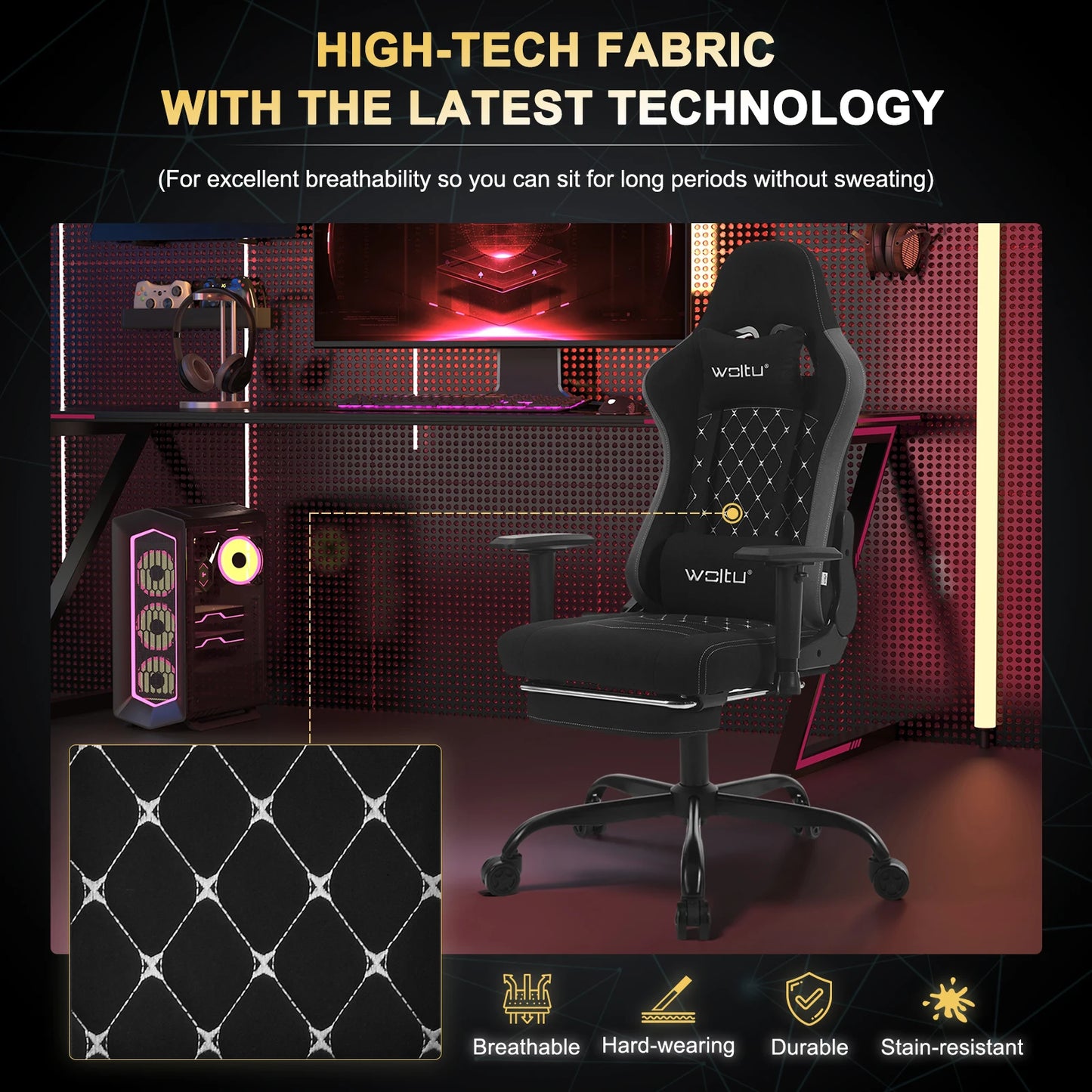 WOLTU Drehbarer Massage-Computer-Gaming-Stuhl, ergonomischer Racing-Gamer-Bürostuhl mit Rollen, Kopfstütze, Fußstütze, Lendenkissen