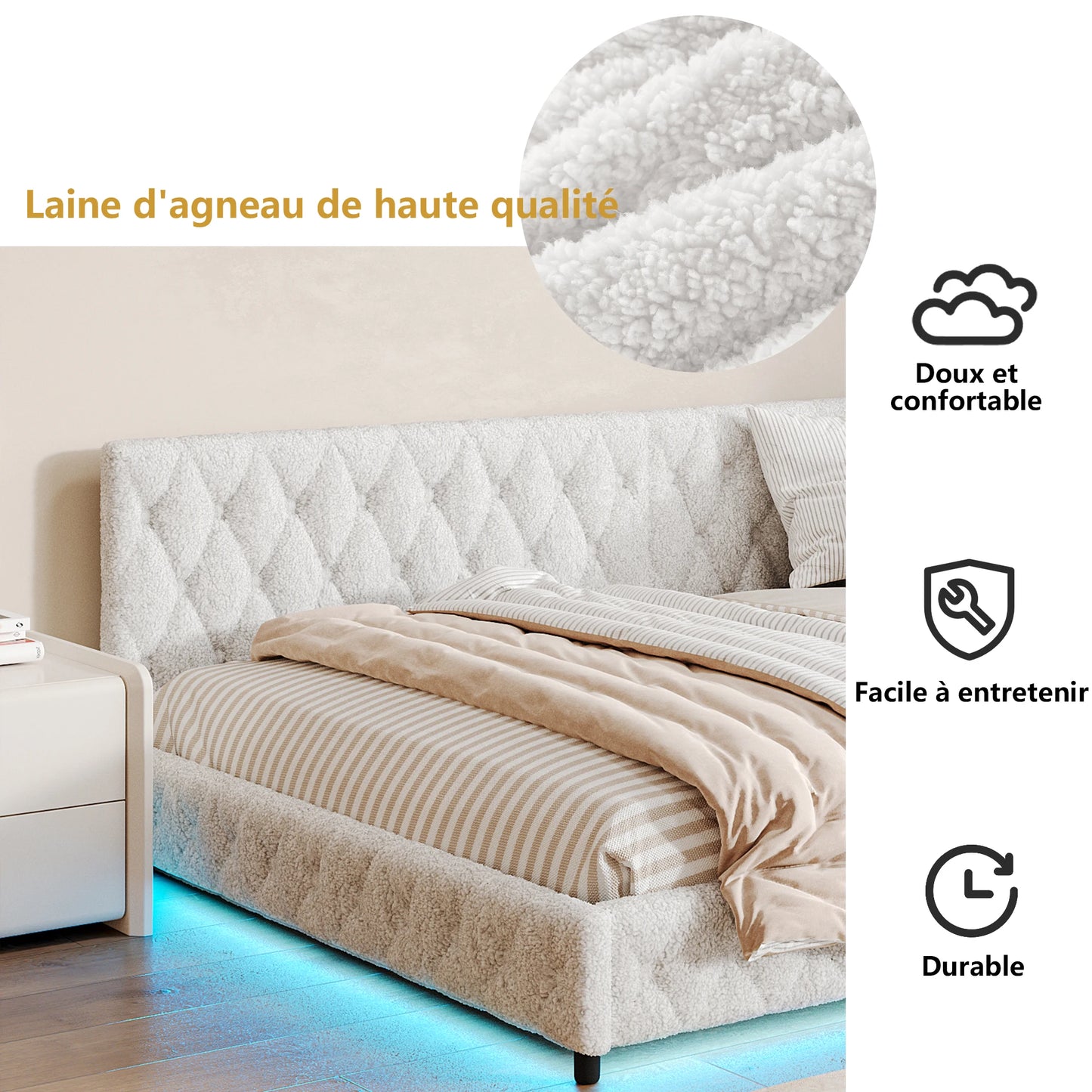 ROSAHQNDA Schlafsofa 140*200cm, modernes LED-Doppelbettgestell mit USB-Ladeanschlüssen, komfortables Plüschmaterial, ohne Matratze
