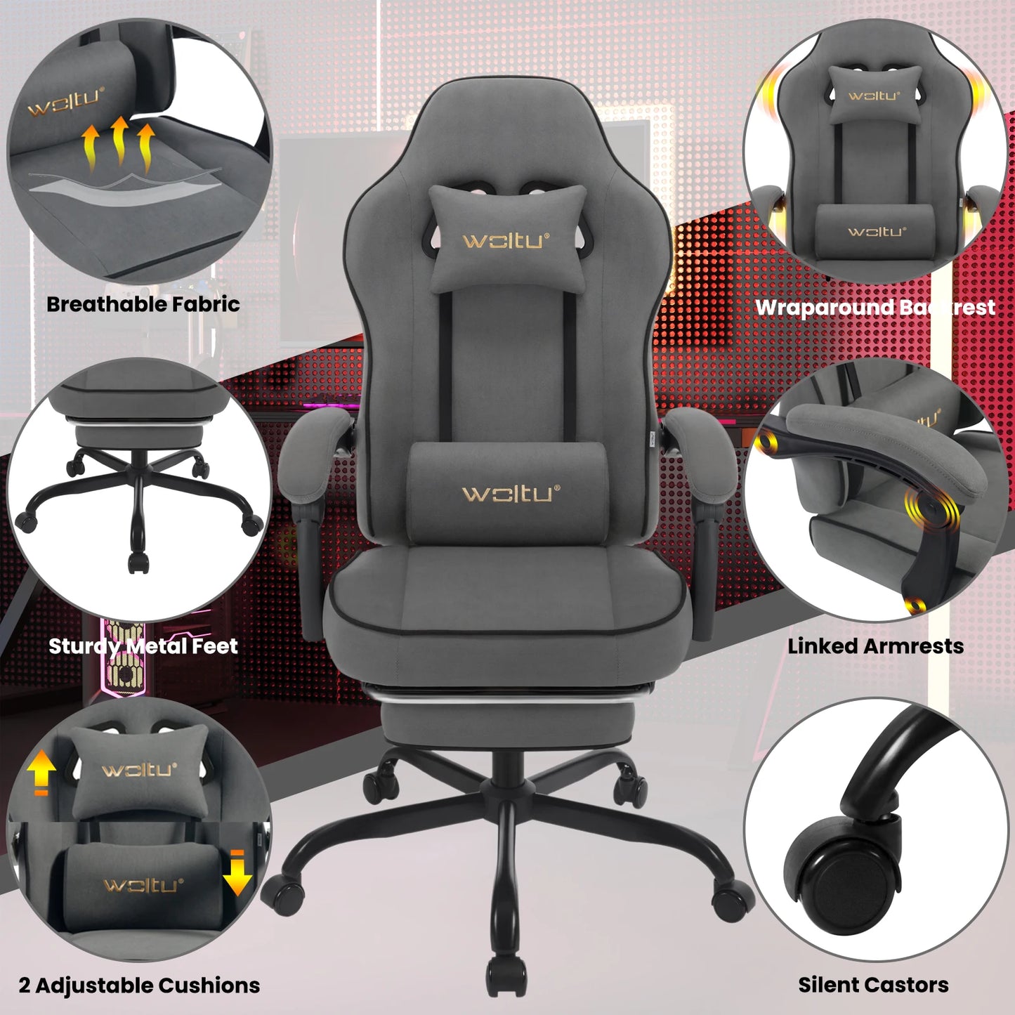 WOLTU Drehbarer Gamer-Stuhl, Gaming-Stuhl, ergonomischer Büro-Computerstuhl mit Lendenkissen, Fußstütze