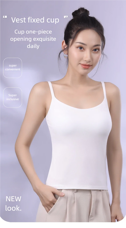 Solid Color Sling Vest for Women with Built-in Bra Pads, Adjustable Shoulder Straps - Summer Inner Layer Top.