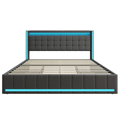 Rosahqnda Modern Double Bed with Drawers,Sockets,Led,Solid Metal,Headboard and Bed Frame with Storage,Teen Bed,Linen,Dark Grey