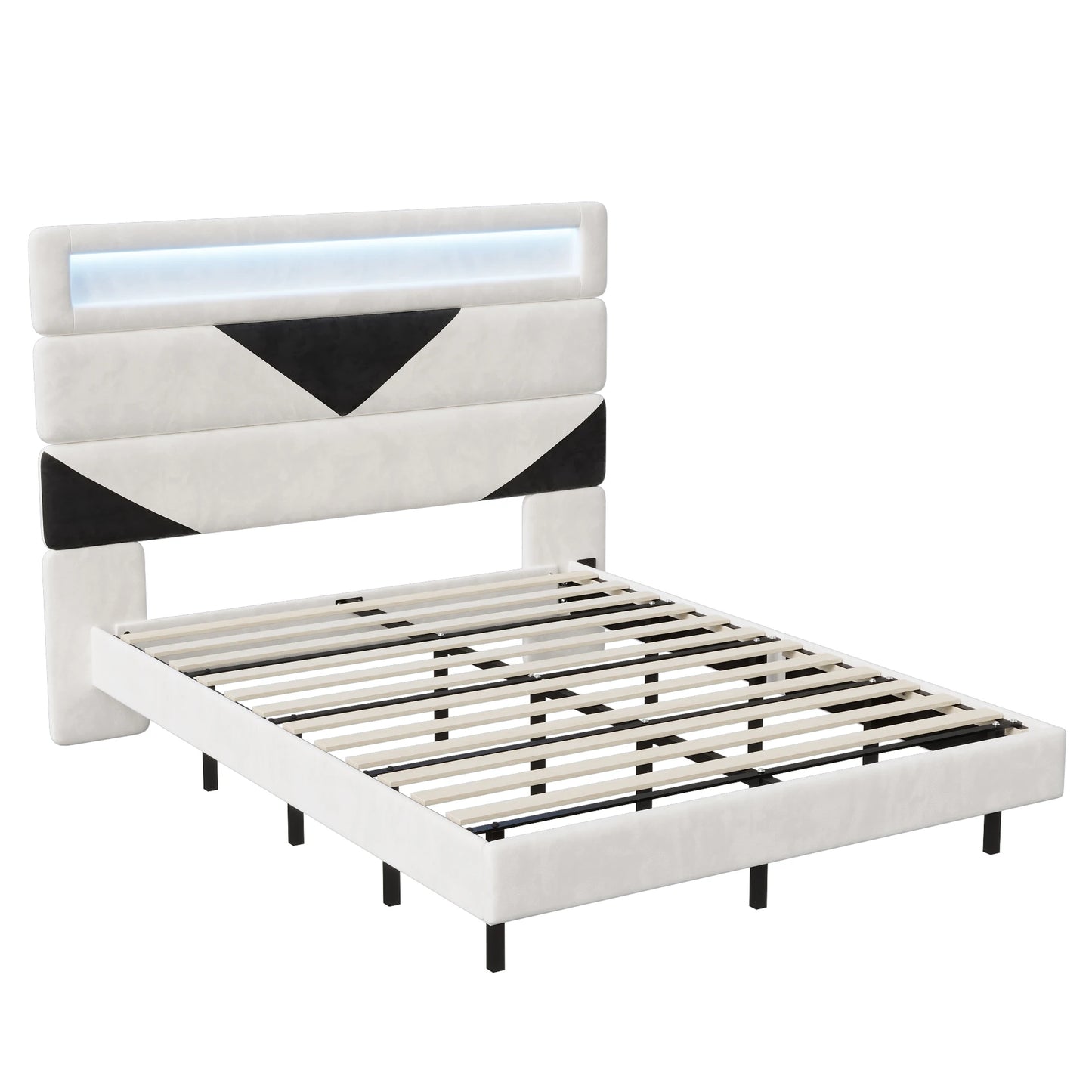 Rosahqnda Double Bed 140x190cm,Upholstered Bed with LED lighting and USB Charging Port,Youth Bed Ajudtable Headboard,WhiteVelvet