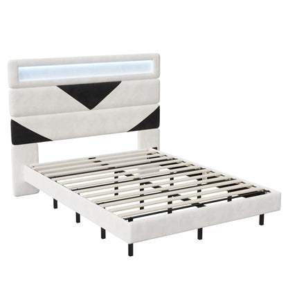 Rosahqnda Double Bed 140x190cm,Upholstered Bed with LED lighting and USB Charging Port,Youth Bed Ajudtable Headboard,WhiteVelvet