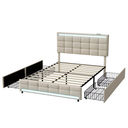 Rosahqnda Polsterbett mit 4 Schubladen und 2 USB-Anschlüssen, Bettrahmen mit LED-Leuchten, Kopfteil, Fußteil und Stauraum