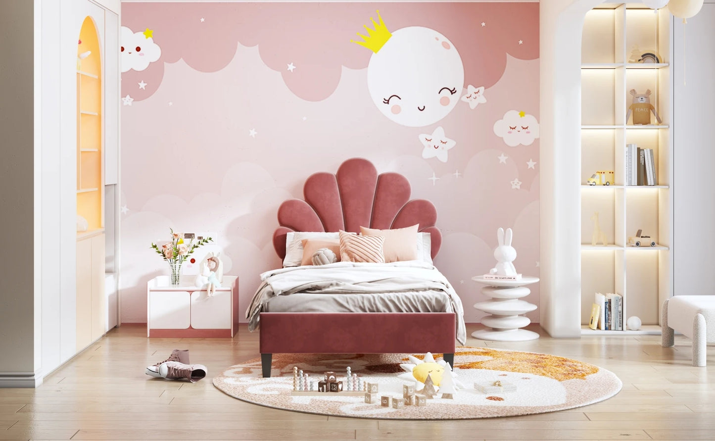 Rosahqnda Kinderbett 90x200cm, Einzelbett, Kinderbett mit Blütenblatt, Geeignet für Mädchenzimmer, Beige, Weinrot, Samt