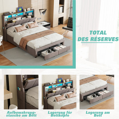 Upholstered Bed 160 x 200 cm, Bed Frame with LED Lights, USB Ports and Storage Headboard, Double Bed, Guest Bed, Teenager's Bed