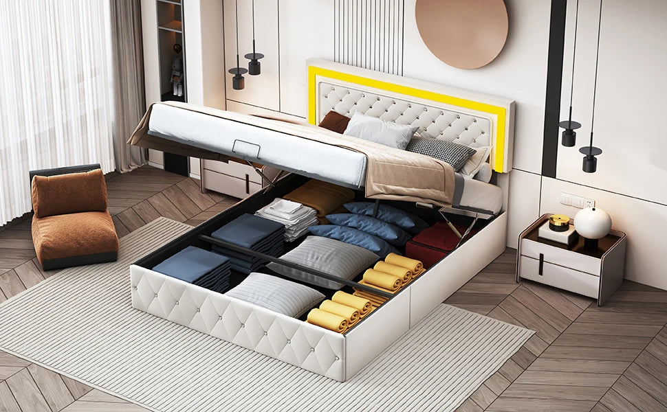 Rosahqnda Doppelbettgestell 140–160–180 x 200 cm, verstellbares LED-Kopfteil, hydraulisches Bett mit Stauraum, gepolstertes Jugendbett, Samt