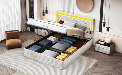 Rosahqnda Doppelbettgestell 140–160–180 x 200 cm, verstellbares LED-Kopfteil, hydraulisches Bett mit Stauraum, gepolstertes Jugendbett, Samt