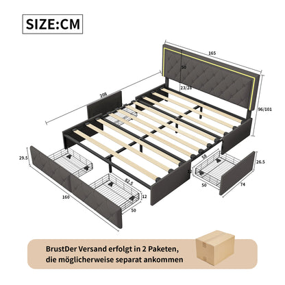 ROSAHQNDA Modernes Kunstlederbett mit Schubladen, LED-PU-Doppelbettgestell mit Stauraum, 140/160 x 200 cm, ohne Matratze