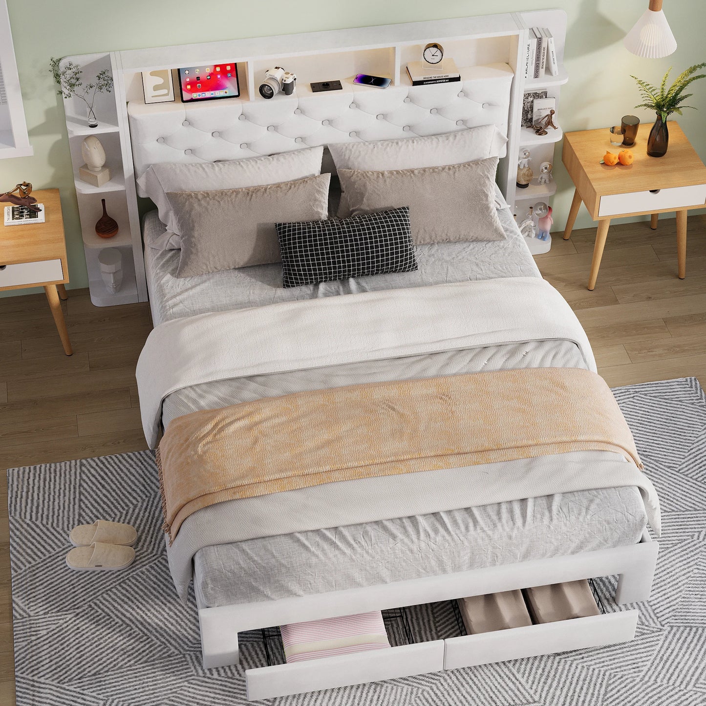 UrbanLuxe Polsterbett 140x200 cm mit LED-Streifen und USB-Ladeanschluss, Stauraumschubladen, Lattenrost, weißer Samt