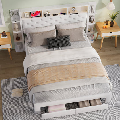 UrbanLuxe Polsterbett 140x200 cm mit LED-Streifen und USB-Ladeanschluss, Stauraumschubladen, Lattenrost, weißer Samt